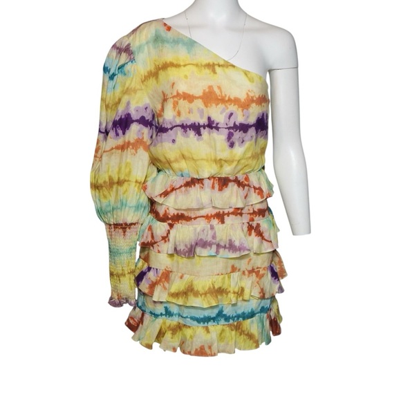 ELLIATT Colorful Tie Dye Venue Mini Dress Linen One Shoulder Yellow Size Large - Picture 1 of 7